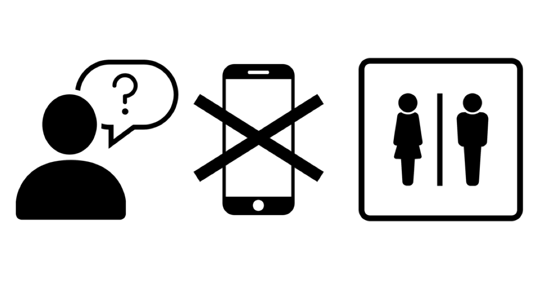 3 icons in black and white. The first is a person with a speech bubble that contains a question mark. The second icon is a mobile phone with big X on top. The third icon is a symbol of a man and a woman next to each other.
